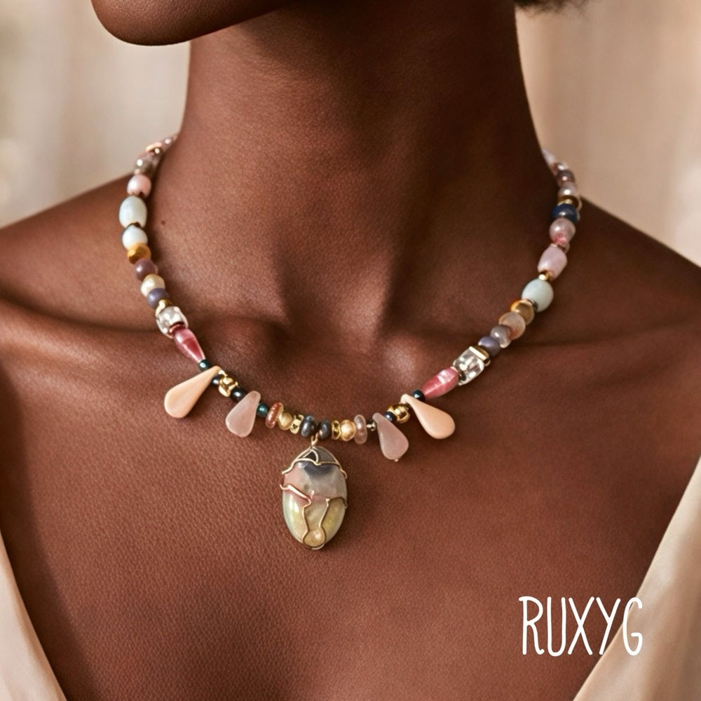 Multicolor Beaded Necklace w/ natural stone